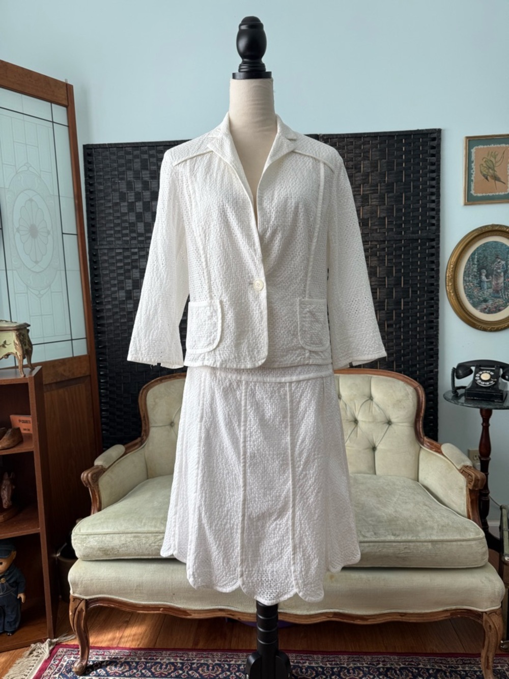 🤍 Vintage Nine West Ivory Eyelet 2PC Set Blazer & Skirt Cottage Chic